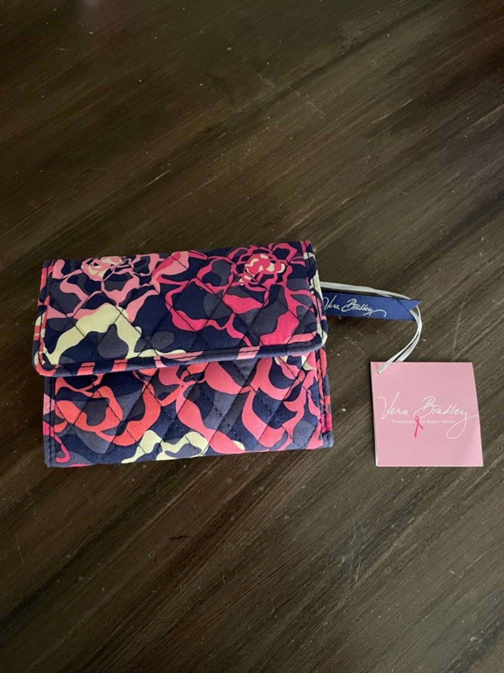Vera Bradley Quilted Wallet in Navy, Pink & Cream Floral Pattern